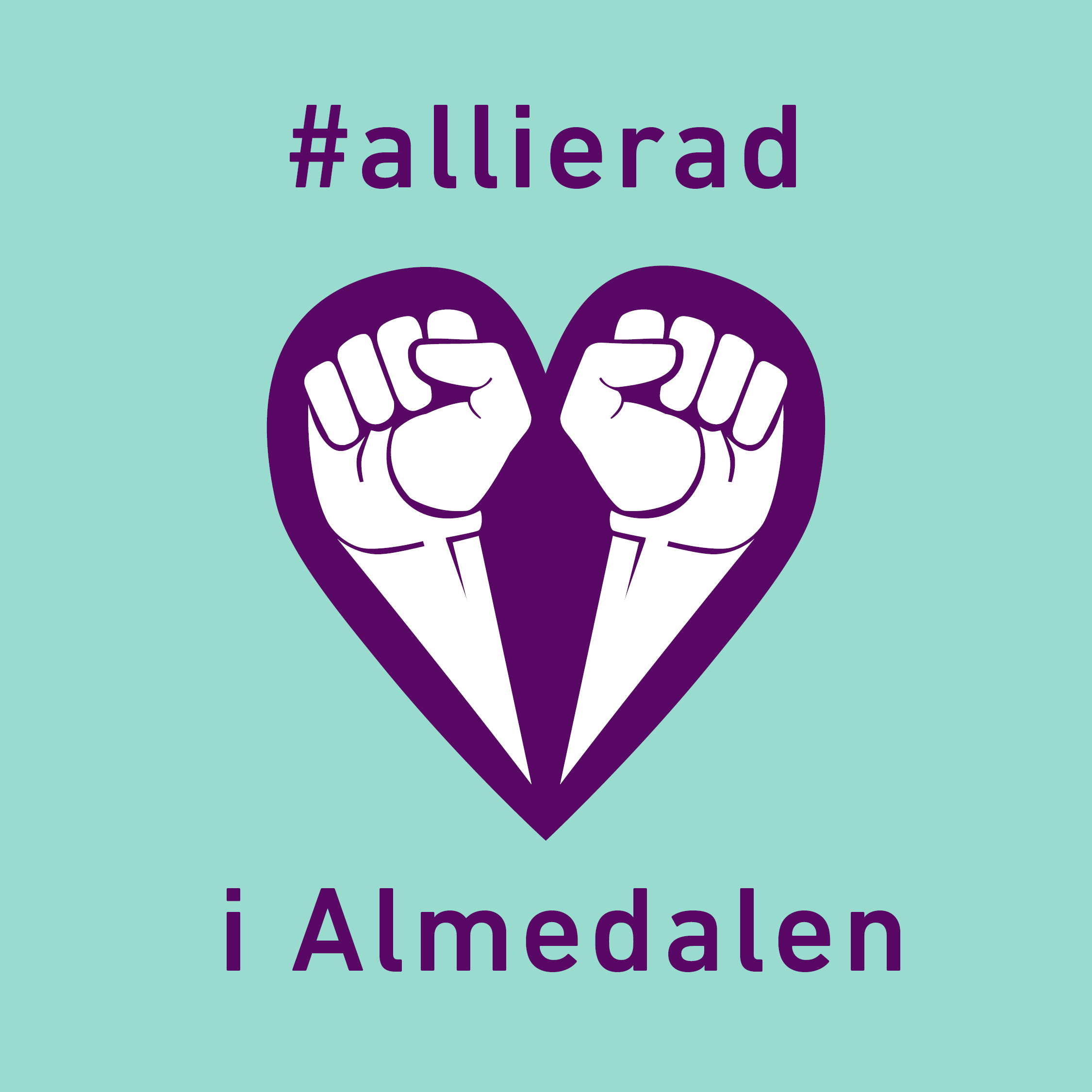 #allierad i Almedalen Ljusturkos bakgrund, Allierads logga med två knutna nävar som bildar ett hjärta i mörkt lila, samt texten #allierad i Almedalen